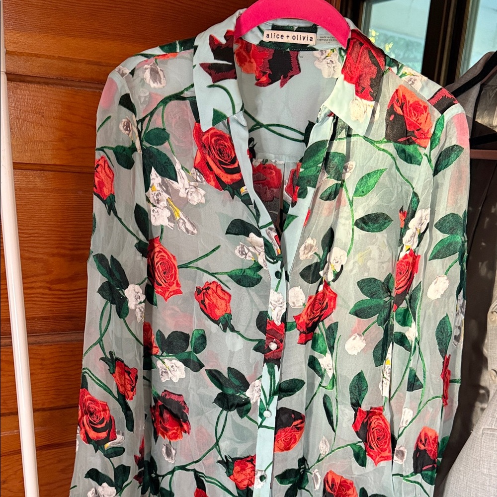 Alice + Olivia Sheer Blouse with Red and Green Floral Design